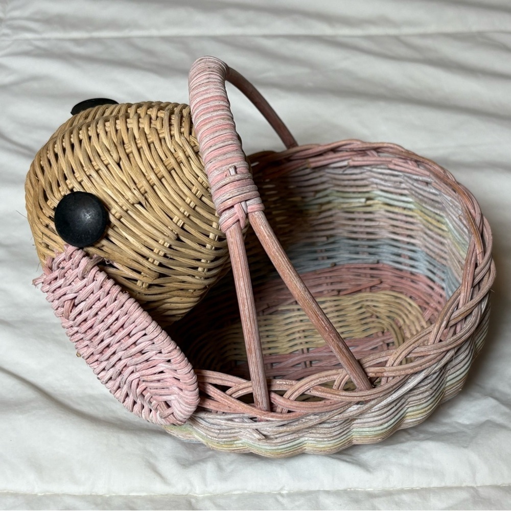 Vintage Woven Easter Bunny Basket with Pink, Blue, and Tan Accents